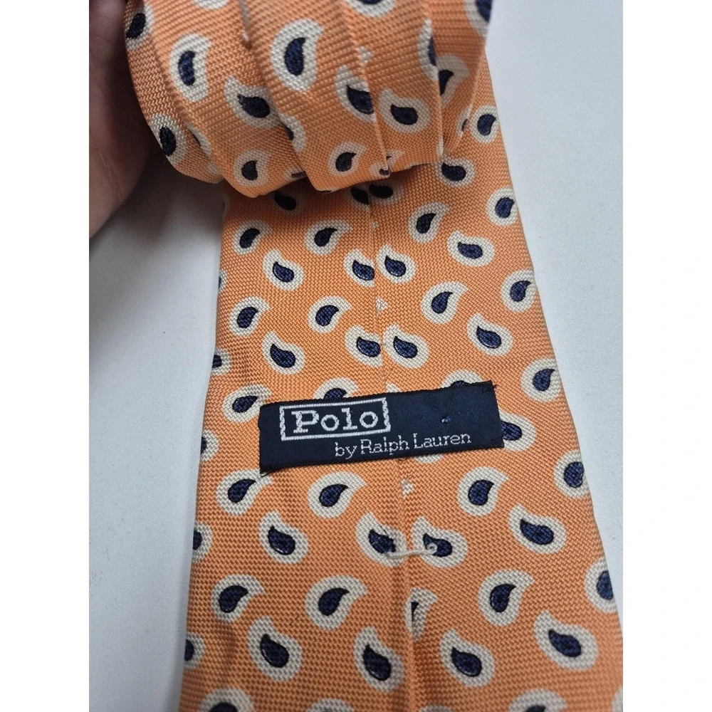 Polo Ralph Lauren Tie Mens One Size Orange Paisley 100% Silk Handmade USA